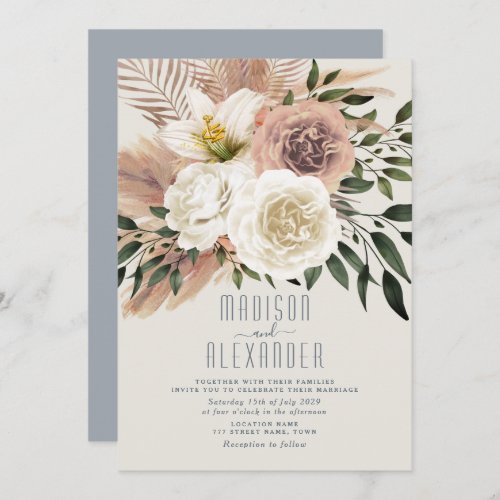 Dusty Blue Boho Pink Floral Wedding Invitation