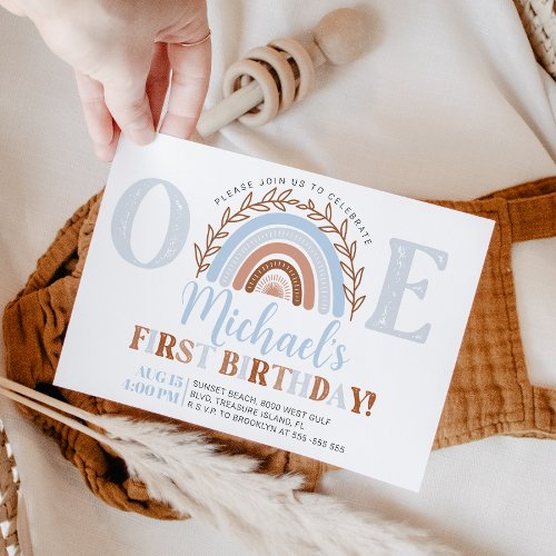 Dusty Blue Boho Rainbow Birthday Invitation