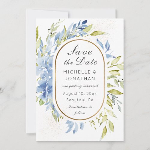 Dusty Blue Boho Roses Greenery Gold Frame Save The Date