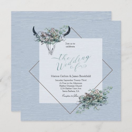 Dusty Blue Boho Rustic Cow skull with flowers Invitation