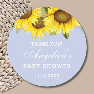 Dusty Blue Boho Sunflower Baby Shower Thank You Classic Round Sticker