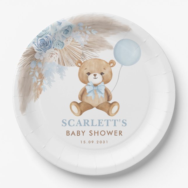 Dusty Blue Boho Teddy Bear Baby Boy Shower Paper Plates (Front)