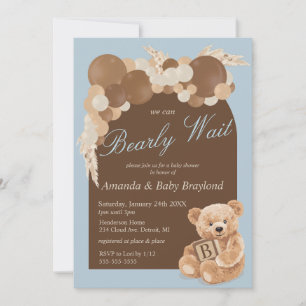 Dusty Blue Boho Teddy Bear Baby Shower Invitation