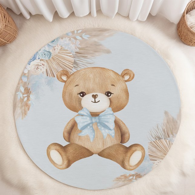 Dusty Blue Boho Teddy Bear Pampas Floral Nursery Rug (Creator Uploaded)