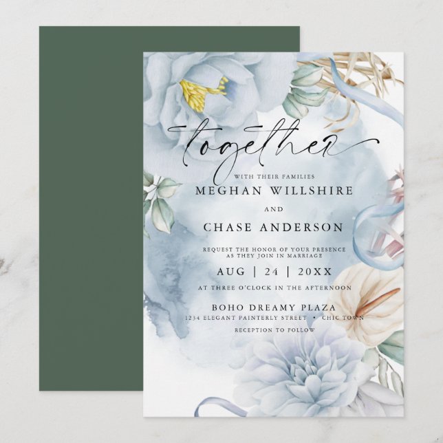 Dusty Blue BOHO Watercolor Floral Invitation (Front/Back)