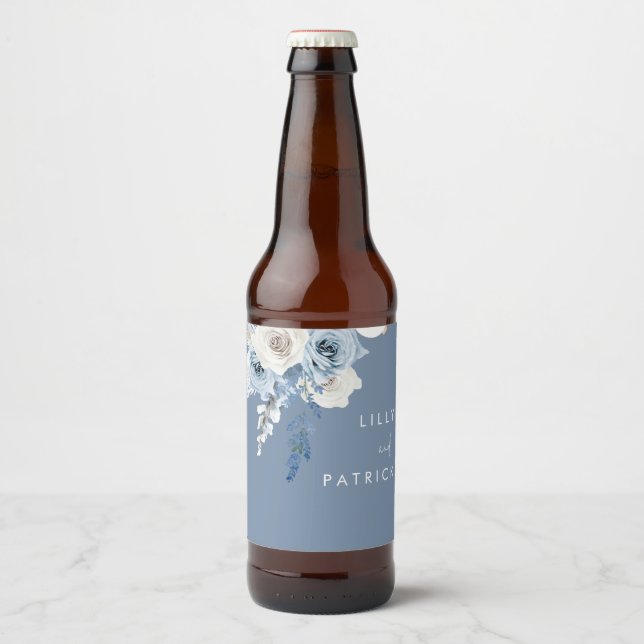 Dusty Blue Boho Watercolor Floral Wedding Beer Bottle Label (Front)