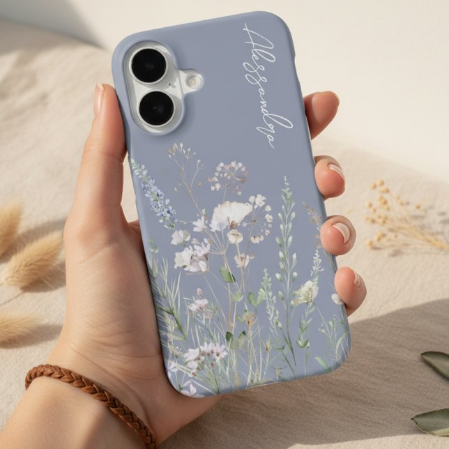 Dusty Blue Boho Watercolor Wildflowers iPhone Case (Creator Uploaded)