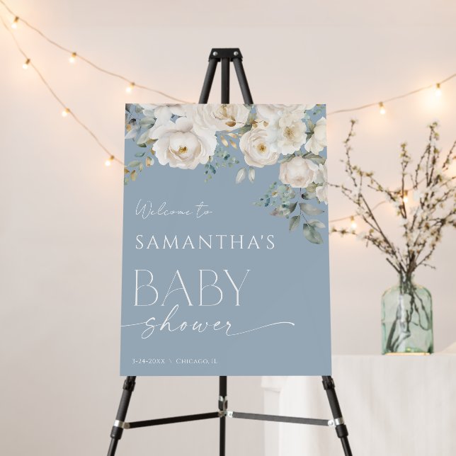 Dusty blue boho white florals baby shower welcome foam board (In Situ (Stand))