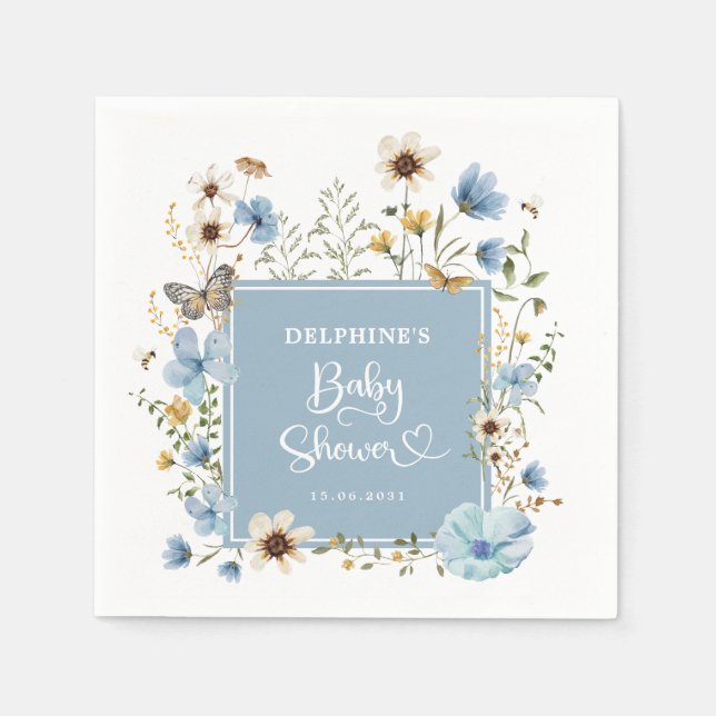 Dusty Blue Boho Wildflower Baby Boy Shower Napkin (Front)