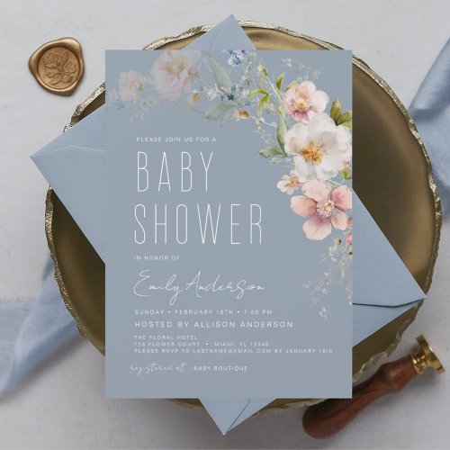 Dusty Blue Boho Wildflower Baby Shower Elegant Invitation