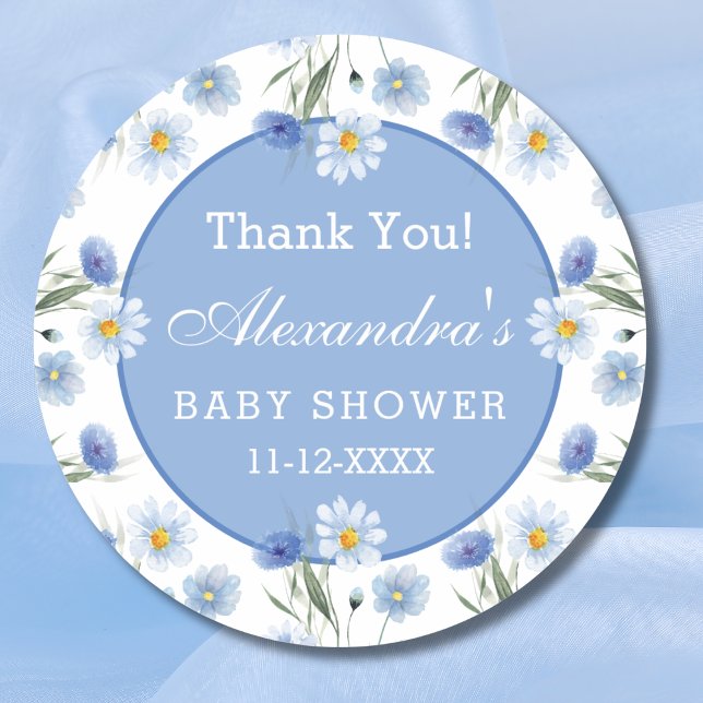 Dusty Blue Boho Wildflower Baby Shower Thank You Classic Round Sticker (Creator Uploaded)