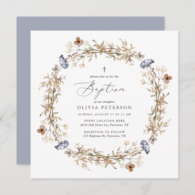 Dusty Blue Boho Wildflower Baptism Invitation (Front/Back)