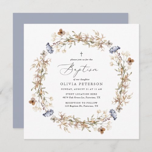 Dusty Blue Boho Wildflower Baptism Invitation