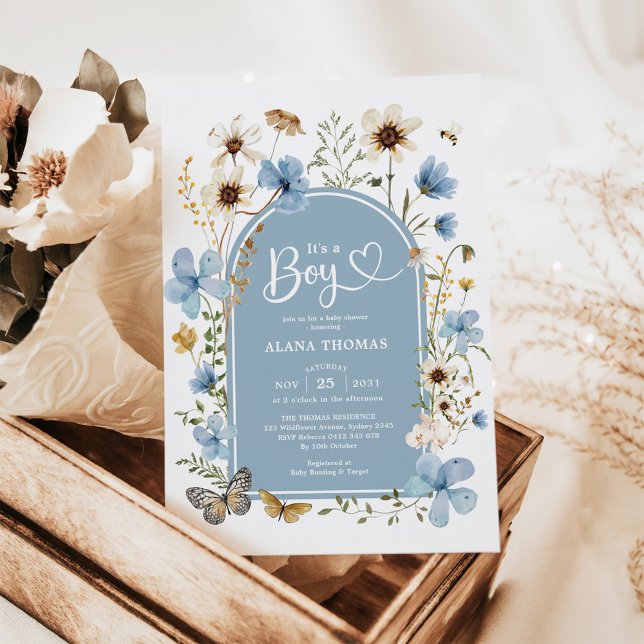 Dusty Blue Boho Wildflower Boy Baby Shower Invitation (Creator Uploaded)