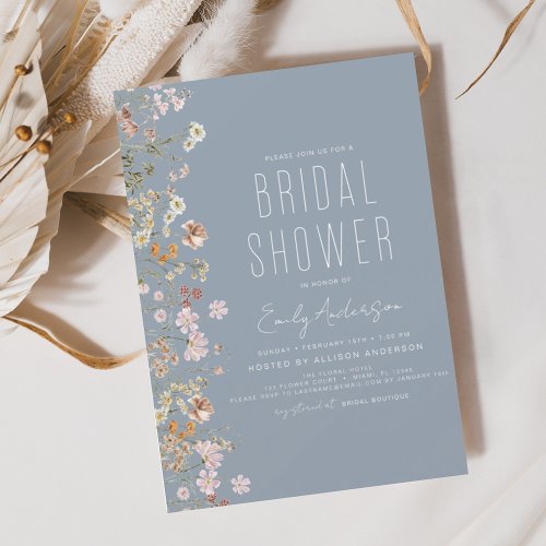 Dusty Blue Boho Wildflower Bridal Shower Bloom Invitation