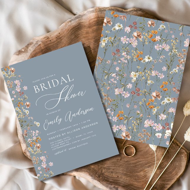 Dusty Blue Boho Wildflower Bridal Shower Elegant Invitation (Creator Uploaded)