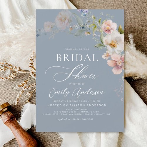 Dusty Blue Boho Wildflower Bridal Shower Elegant Invitation