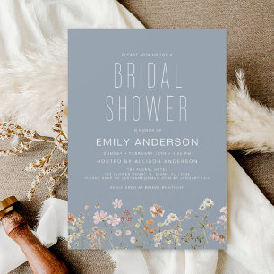 Dusty Blue Boho Wildflower Bridal Shower Elegant Invitation