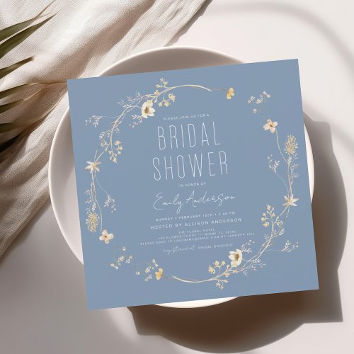Dusty Blue Boho Wildflower Bridal Shower Elegant Invitation
