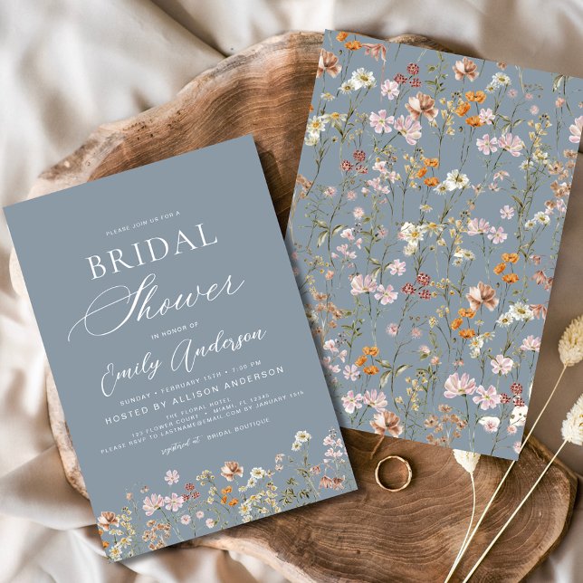 Dusty Blue Boho Wildflower Bridal Shower  Invitation (Creator Uploaded)