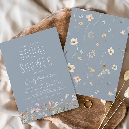 Dusty Blue Boho Wildflower Bridal Shower  Invitation