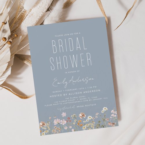 Dusty Blue Boho Wildflower Bridal Shower Invitation