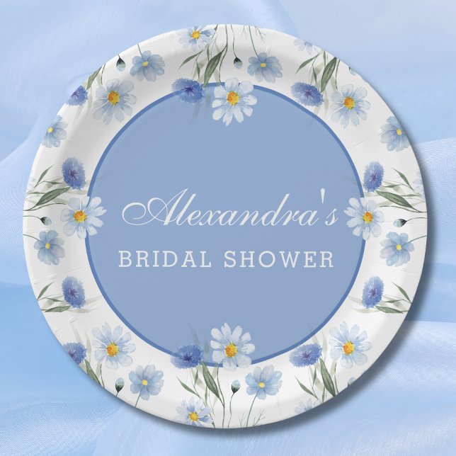 Dusty Blue Boho Wildflower Bridal Shower Paper Plates (Creator Uploaded)