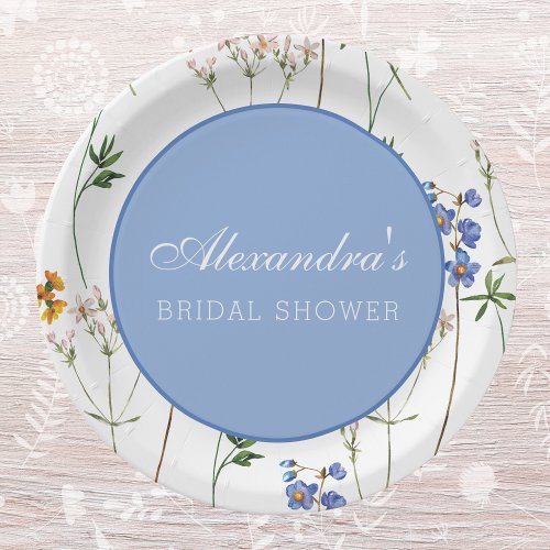 Dusty Blue Boho Wildflower Bridal Shower Paper Plates