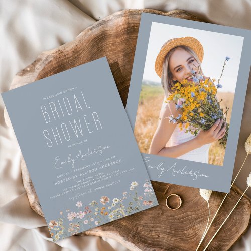 Dusty Blue Boho Wildflower Bridal Shower Photo Invitation