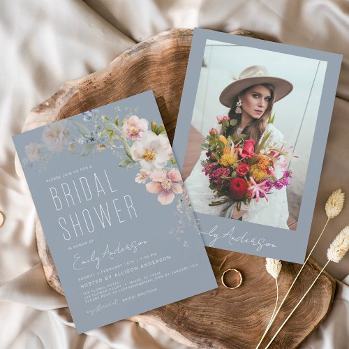 Dusty Blue Boho Wildflower Bridal Shower Photo Invitation