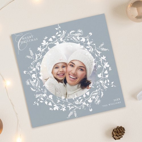 Dusty Blue Boho Wildflower Christmas Photo Square Holiday Card