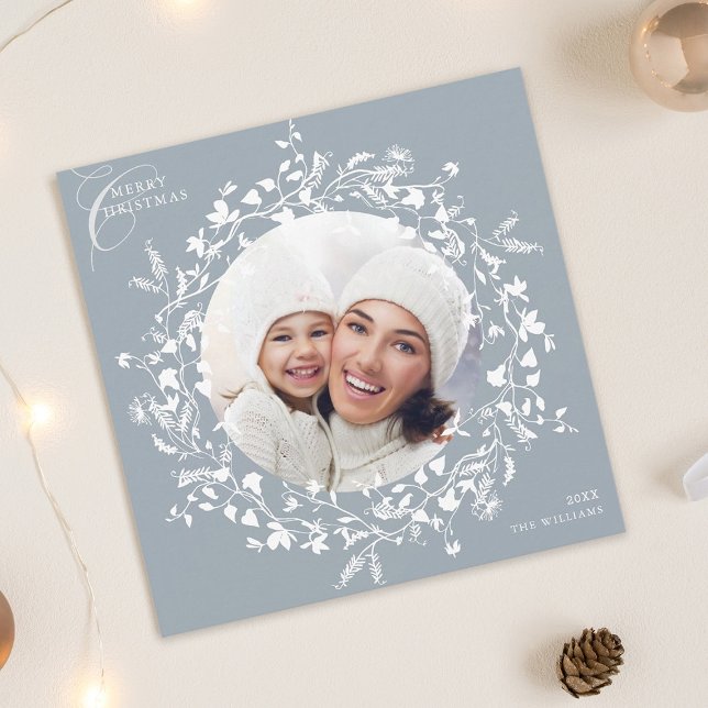 Dusty Blue Boho Wildflower Christmas Photo Square Holiday Card (Creator Uploaded)