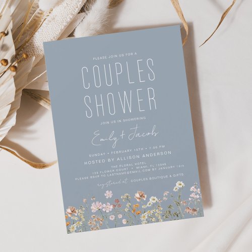 Dusty Blue Boho Wildflower Couples Shower Elegant Invitation