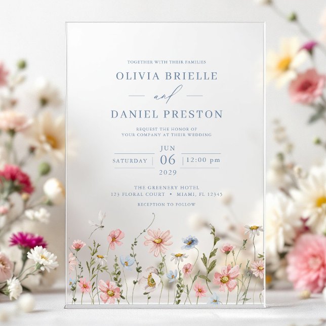 Dusty Blue Boho Wildflower Garden Wedding Acrylic Invitations (Creator Uploaded)