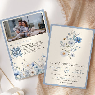 Dusty Blue Boho Wildflower Photo QR Code Wedding Invitation