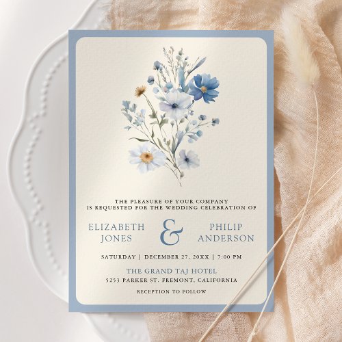 Dusty Blue Boho Wildflower Photo QR Code Wedding Invitation