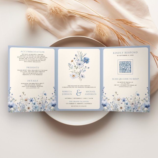 Dusty Blue Boho Wildflower Photo QR Code Wedding Tri-Fold Invitation (Creator Uploaded)