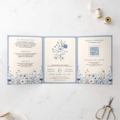 Dusty Blue Boho Wildflower Photo QR Code Wedding Tri_Fold Invitation