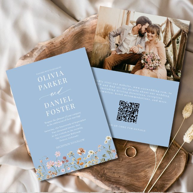Dusty Blue Boho Wildflower QR Code Photo Wedding  Invitation (Creator Uploaded)