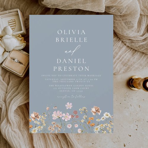 Dusty Blue Boho Wildflower Rustic Garden Wedding Invitation