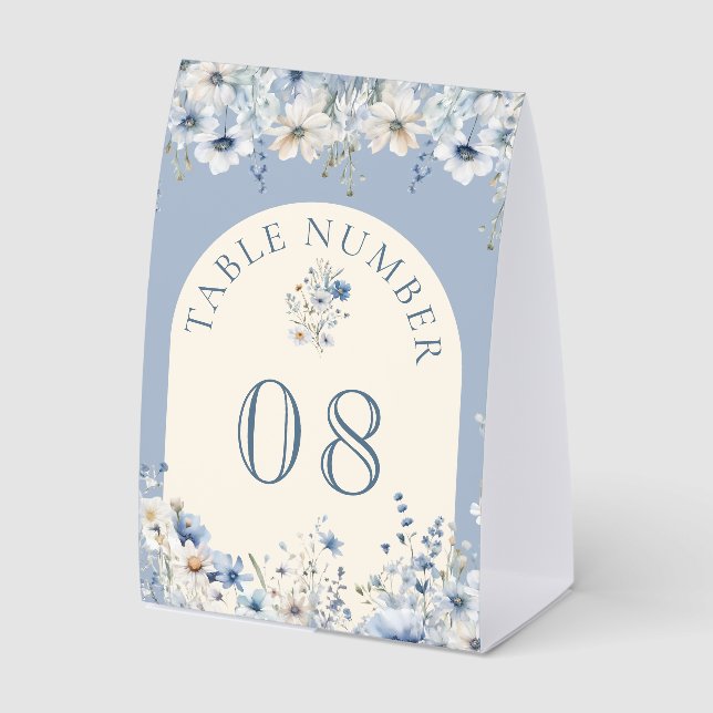 Dusty Blue Boho Wildflower Wedding Table Number Paper Table Tent (Front)