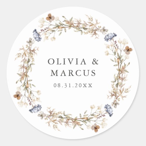 Dusty Blue Boho Wildflower Wreath Wedding Classic Round Sticker