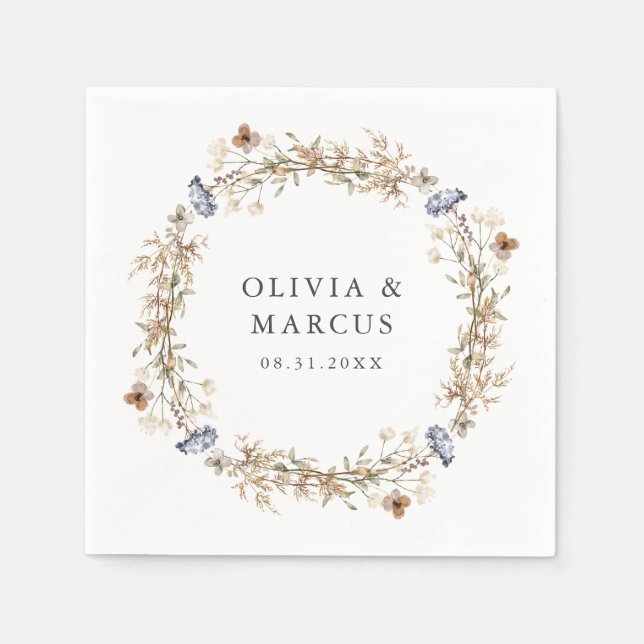 Dusty Blue Boho Wildflower Wreath Wedding Napkins (Front)