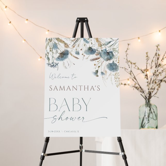 Dusty blue boho wildflowers baby shower welcome foam board (In Situ (Stand))