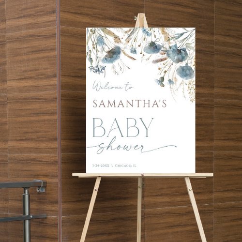Dusty blue boho wildflowers baby shower welcome poster