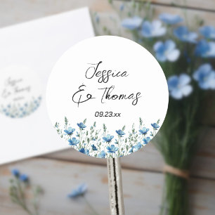 Dusty Blue Boho Wildflowers Couple's Names Wedding Classic Round Sticker