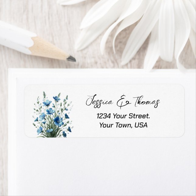 Dusty Blue Boho Wildflowers Wedding Return Address Label (Insitu)