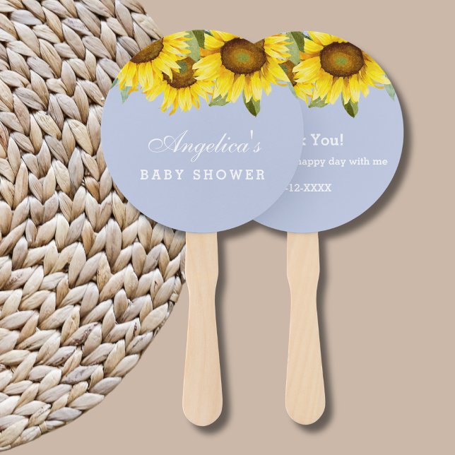 Dusty Blue Boho Yellow Sunflower Baby Shower  Hand Fan (Creator Uploaded)