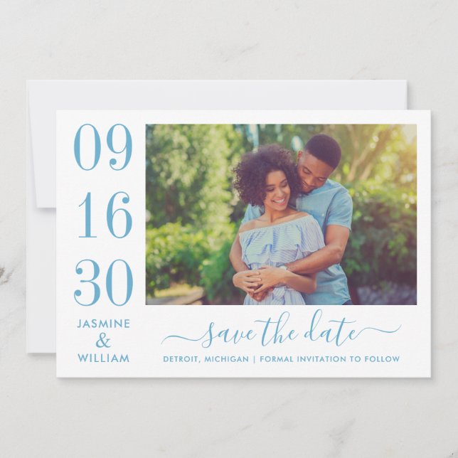 Dusty Blue Bold Date Numeral Photo Wedding Save The Date (Front)
