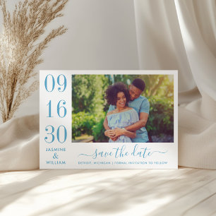 Dusty Blue Bold Date Numeral Photo Wedding Save The Date